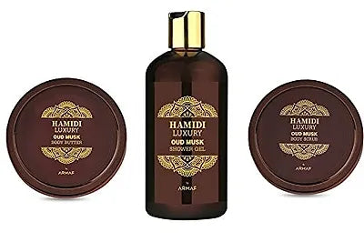 Hamidi Luxury Oud Musk 3pc Set .16.9 oz Body Scrub / Shower Gel/ Body Butter